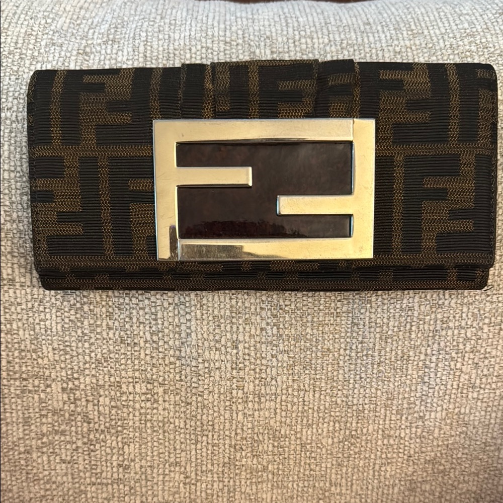 Fendi Zucca Continental Long Wallet Canvas Brown Black FF— silver Hardware